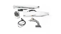 2 escapes CUSTOM de Ø 102 mm, sin catalizador, con tapas finales intercambiables, con sistema de sonido activado por CAN-BUS (ASC), acero inoxidable cromado, incluye homologación CE.